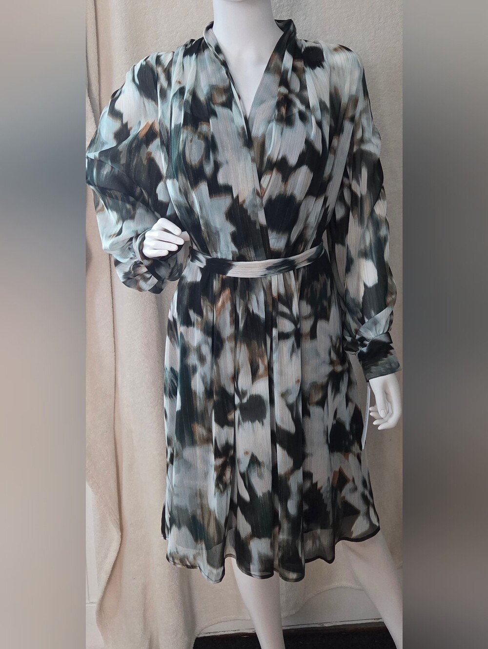 Calvin Klein Long-Sleeve Abstract Gold and Green Wrap Dress